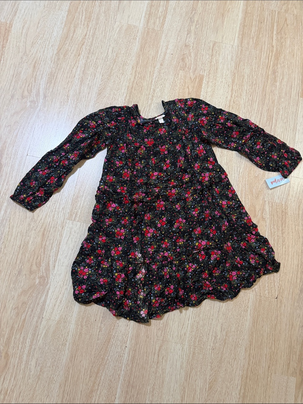 Girls Black Floral Long-Sleeve Dress